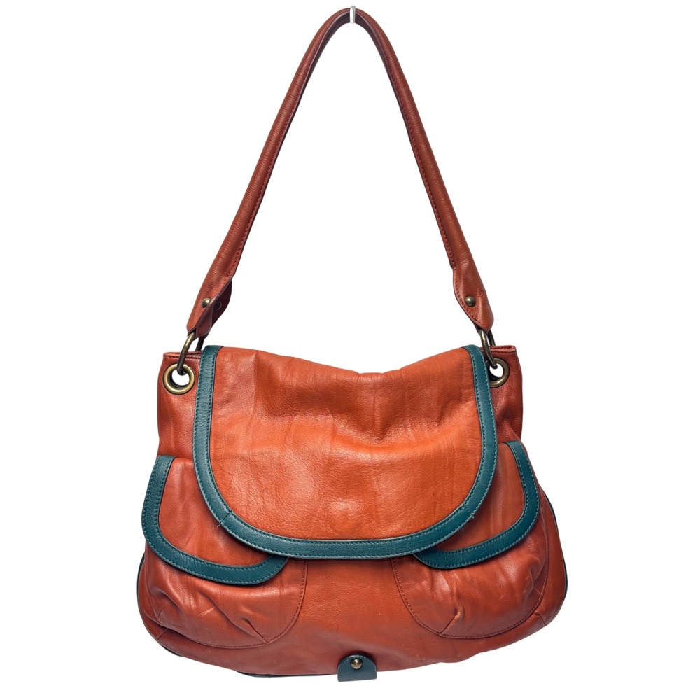 Anthropologie Shoulder Bag Leather Brown Teal Boho Satchel Tote Medium Large